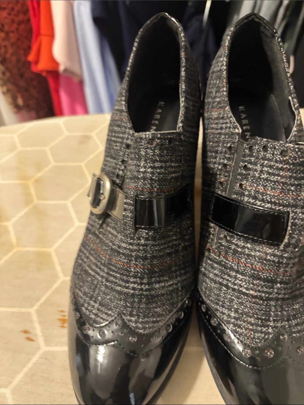 Karen Scott Gray Tweed Loafers with Black Patent Accents